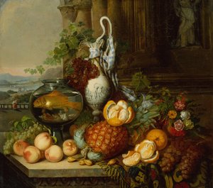 果物のある静物、金魚鉢、風景 作： Joseph Biays Ord