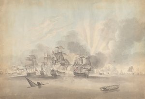戦闘シーン: 戦艦、フリゲート艦、コルベット。 沈没船と手漕ぎボート 作： Joseph Cartwright