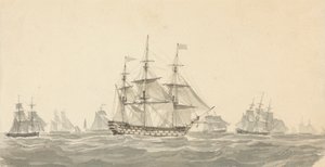 荒れた海で他のいくつかに囲まれた戦艦の側面図