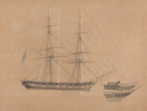別の単一のブリッグと船首の側面図