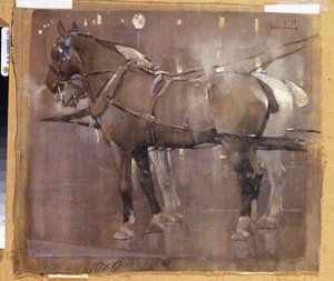 キャブ・ホース・バイ・ガスライト（リネンに水彩、ボディカラー） 作： Joseph Crawhall