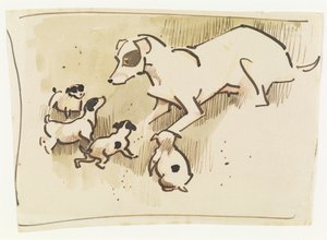 フォックス・テリアと子犬たち （紙にペン＆ウォッシュ） 作： Joseph Crawhall