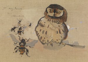 フクロウとミツバチ（リネンにグワッシュ） 作： Joseph Crawhall