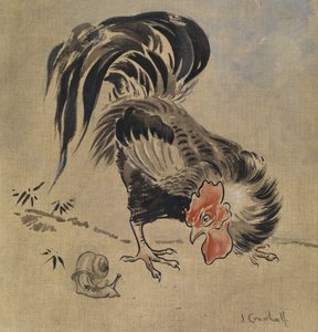 スペインコックとカタツムリ（リネンにグワッシュ） 作： Joseph Crawhall