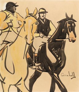 二人の紳士ライダー（ボードにグワッシュ） 作： Joseph Crawhall