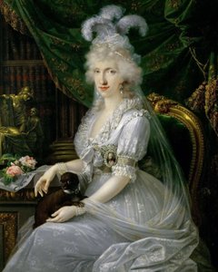 ドイツ語：ナポリ・シチリア大公妃マリー・ルイーゼ（ルドヴィカ）（1773-1802）、トスカーナ王フェルディナンド3世の妻、テーブルに座る、ナポリ・シチリア大公妃ルイザ・マリア・アメリア・テレサ（1773-1802）の膝丈の肖像画。 作： ジョセフ・ドルフマイスター