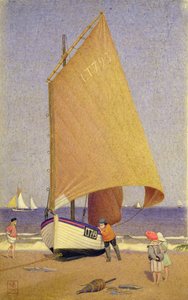 ボートを持ち上げる漁師たち（サウスウォルド 作： Joseph Edward Southall