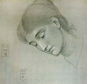 下を向く少女のヘッドスタディ 作： Joseph Edward Southall
