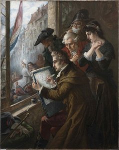 処刑されるマリー・アントワネットを描く画家ジャック＝ルイ・ダヴィッド（1793年、1900年）。 作： Joseph Emanuel Van Den Bussche