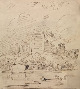 川上の丸い塔のある城 作： Joseph Farington