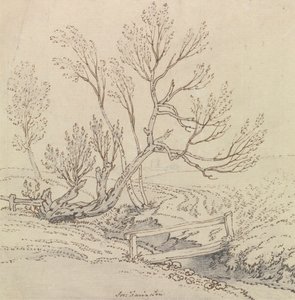 柳の木の近くの小川に架かる歩道橋 作： Joseph Farington