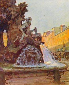 ローマ：ナヴォーナ広場、ベルニーニの噴水（カラーリトグラフ） 作： Joseph Felix Bouchor