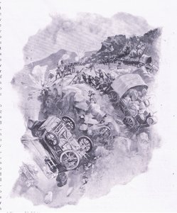 スピッツコップでワゴンを破壊するボーアーズ、イラスト：プレトリア後：ゲリラ戦争、1902年 作： Joseph Finnemore