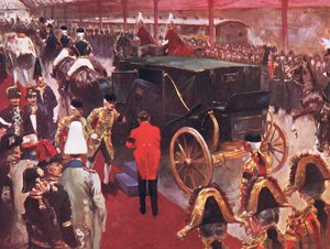 1901年2月2日、ビクトリア州の女王陛下の葬式の際に、アレクサンドラ女王陛下がパディントン駅に到着、1900年代のカッセルの歴史からの挿絵 作： Joseph Finnemore