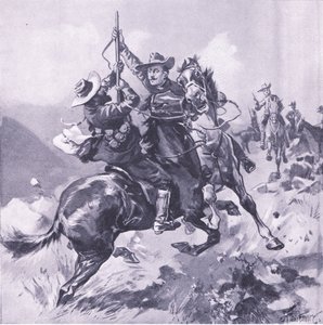 フィールドコルネットスウェインプールのキャプチャ、プレトリア後のイラスト：ゲリラ戦争、1902 作： Joseph Finnemore