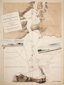 ニューヨーク港の海図で、水先案内人のために陸標の測深図と航海指示図が掲載されている。海軍中尉ジョン・ナイト・ジョン・ハンターらの測量と観察から構成。 作： Joseph Frederick Wallet DesBarres