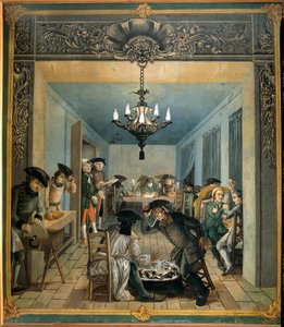 Fabrico de tecidos indianos de freres Wetter: atelier de preparação de pranchas e cores Pintura de Joseph Gabriel Rossetti (séc. XVIII). 1764 Orange, musee Municipal - Fabricação de tecidos indianos dos irmãos Wetter (fábrica têxtil Wetter): trabalho 作： Joseph Gabriel Rossetti