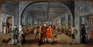 Wetter Brothers Indian Fabric Factory 左はJean Rodolphe（ジャン・ロドルフ）夫妻。 中央では、労働者が工場長のピエール・ピグネに版画を差し出し、その後ろで作業中の労働者がいます。 右は一枚 作： Joseph Gabriel Rossetti