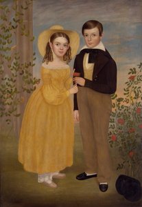 庭の少年と少女（キャンバスに油彩） 作： Joseph Goodhue Chandler