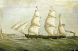 帆船「クイーン・ビー」（1852年建造）、片側は民家で建てられた灯台。油絵 作： Joseph Heard