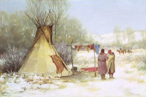 冬のキャンプに戻るインディアンたち（油彩・キャンバス） 作： Joseph Henry Sharp