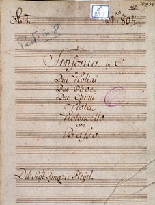 プレイエルの交響曲ハ長調の楽譜の最初のページ 作： Joseph Ignace Pleyel