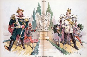 ロシア」と書かれたアレクサンドル3世が「ドイツ」と書かれたヴィルヘルム2世を見ている。 作： Joseph Keppler