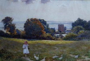 草原でアヒルと戯れる少女 作： Joseph Kirkpatrick