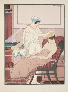 湯に浸したスポンジを頭に塗る、「ヒポクラテスの働き」、1934年のイラスト 作： Joseph Kuhn Regnier