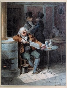 ガゼットの読書」：1824年、カフェで新聞「ガゼット」を読みながら眠る老人。ジョセフ・ルイ・イポリット・ベランジュ（1800-1866）によるリトグラフ 1824年 パリ、カルナヴァレ美術館 作： Joseph Louis Hippolyte Bellange