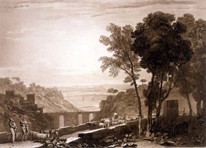 F.43.I 「Liber Studiorum」から「橋と山羊」、フレデリック・クリスチャン・ルイスの刻印 作： Joseph Mallord William (after) Turner