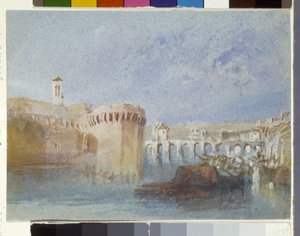 Angers: As paredes de Doutre com a torre da Igreja de La Trinité (aquarela e guache sobre papel azul) 作： Joseph Mallord William Turner