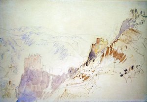 北から見たブルグ・エルツ（鉛筆、ペン＆赤インク、水彩、ボディカラー、紙） 作： Joseph Mallord William Turner