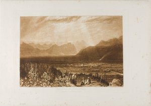 グルノーブルからチャンベリまでのアルプス山脈、Liber Studiorum のプレート 40 作： Joseph Mallord William Turner