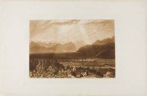 グルノーブルからチャンベリまでのアルプス山脈、Liber Studiorum のプレート 49 作： Joseph Mallord William Turner