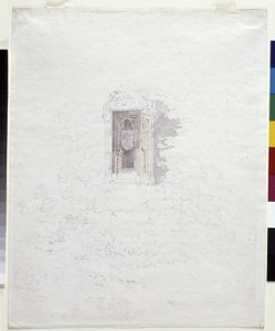 ヘレフォードの入り口での十字架 (白い紙に黄色と灰色のウォッシュを施した鉛筆) 作： Joseph Mallord William Turner
