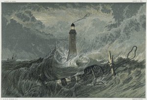 1757年から1759年にかけてイギリスの土木技師ジョン・スミートンによってエディストーン岩に建てられたエディストーン灯台。JMWターナーの絵画をもとにしたクロモリトグラフ。 作： Joseph Mallord William Turner