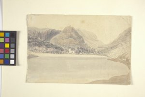 グラスミア湖と教会 (オフホワイトの紙に鉛筆に水彩) 作： Joseph Mallord William Turner