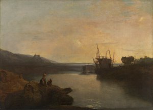 ティグウィンフェリーからのハーレック城、夏の夕方のたそがれ[1799年、王立芸術アカデミー、ロンドン、展覧会カタログ] 作： Joseph Mallord William Turner