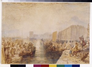 Le Havre: Sunset (白い紙にペンと赤インクで強化された水彩画)