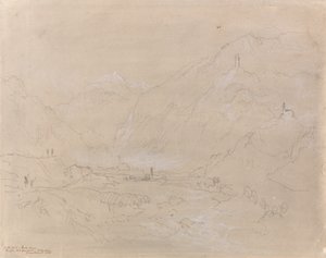 渓谷の町のある山岳風景、1840年頃（紙に黒鉛と灰色のウォッシュ） 作： Joseph Mallord William Turner