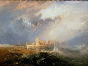 ノルマンディーのセーヌ河口のキルブーフ（Quillebeuf-sur-Seine, Quillebeuf sur Seine）」 ジョセフ・マロード・ウィリアム・ターナー（1775-1851）の絵画 1833年 薄暗い。92,5x123,2 cm リスボンカルースト・グルベンキアン美術館（Museu Calouste Gulbenkian 作： Joseph Mallord William Turner