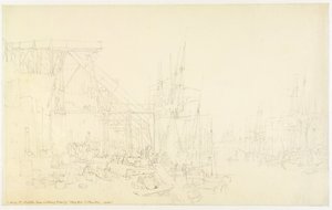 「ザ・ハリーズ」、石炭船積載、ノース・シールズ、1795年頃（紙に黒鉛） 作： Joseph Mallord William Turner