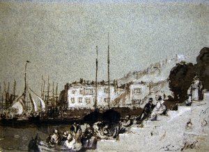 View of East Cowes, Isle of Wight（青い紙にペン、インク、ボディカラー） 作： Joseph Mallord William Turner
