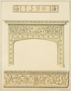 上の部屋の煙突と梁、下の部屋のコーニス、スモール・ストリート9番地（ドローイング、水彩画 作： Joseph Manning
