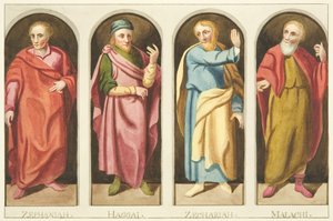 ブリストル大聖堂の身廊と聖歌隊を仕切るスクリーンの西側に描かれた4人の小預言者（水彩・紙 作： Joseph Manning