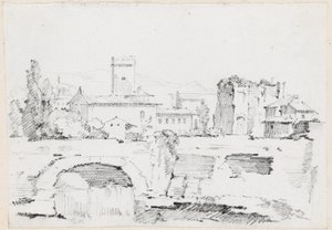 石橋と滝のあるイタリアの町 作： Joseph Marie Vien