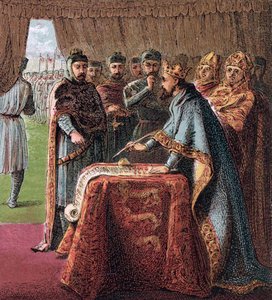 イングランドのジョン王がマグナ カルタに署名する From: Pictures of English History, 1868 作： Joseph Martin Kronheim
