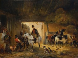 厩舎で馬に水をまくライダー、1840 作： Joseph Moerenhout