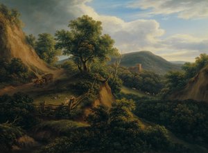 遺跡のある森林に覆われた山の風景 作： Joseph Mössmer